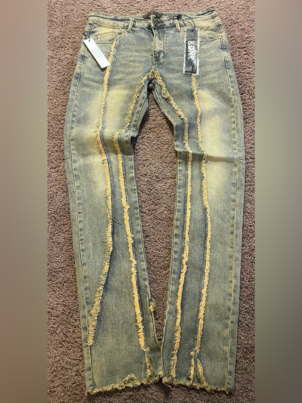 KDNK Men's Distressed Two-Tone Blue Jeans with Frayed Stripe Detail
